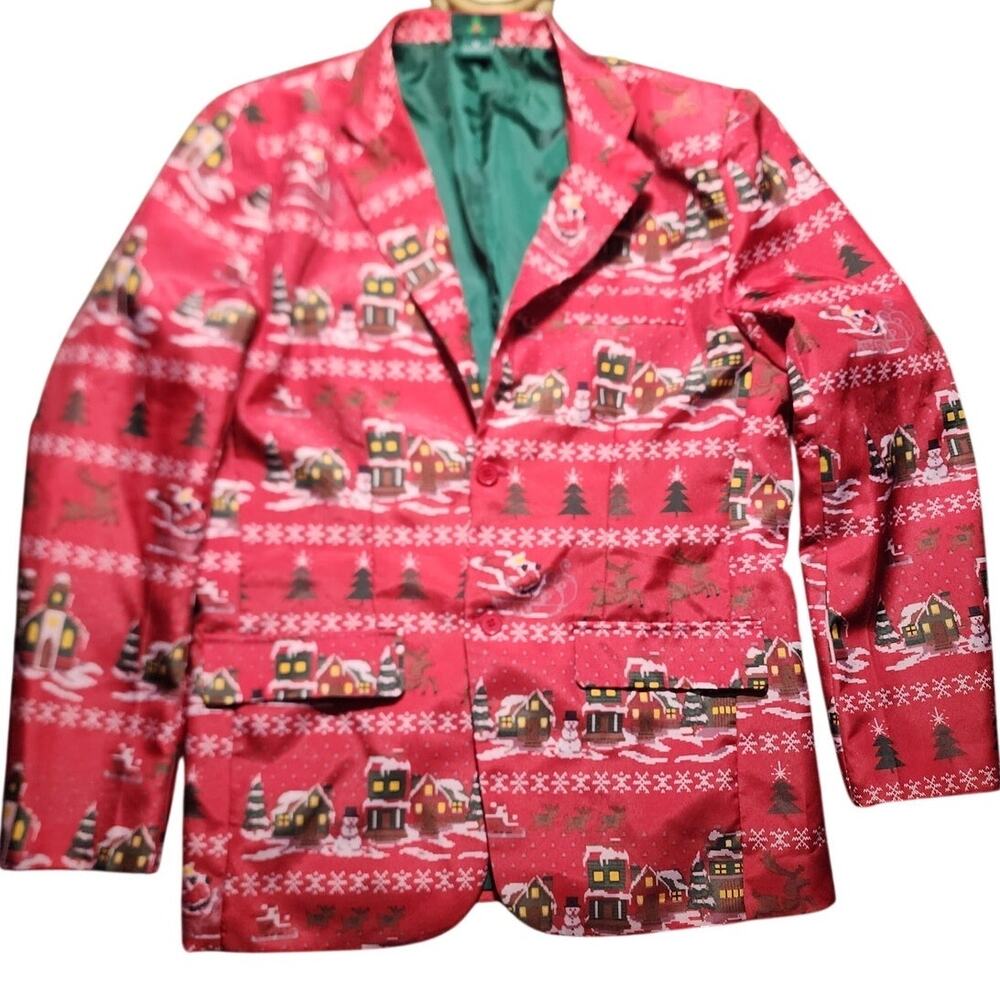 Unisex Christmas Santa Reindeer Snowy Cabin Snowman Holiday Blazer Med